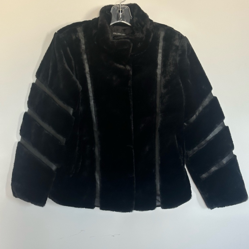 Colleen Lopez Black Faux Fur Striped Texture Jacket Size S NWT HSN